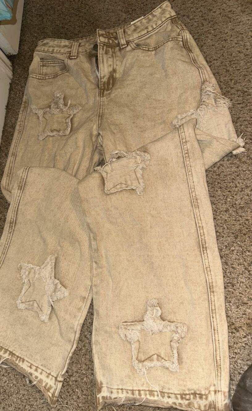 SHEIN Distressed Baggy Jeans Women’s 27 Beige Acid Wash Ripped Y2K Denim